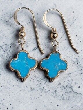 Hand Crafted Genuine Turquoise Clover Drop Earrings - 14K Gold Filled Ear Wires